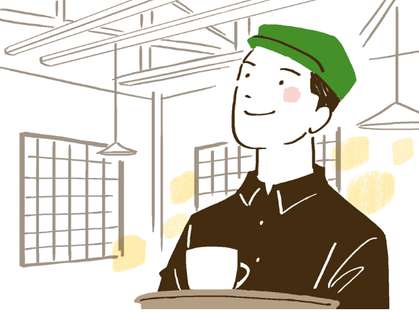 笑顔でスタッフがコーヒーを提供しているイラスト