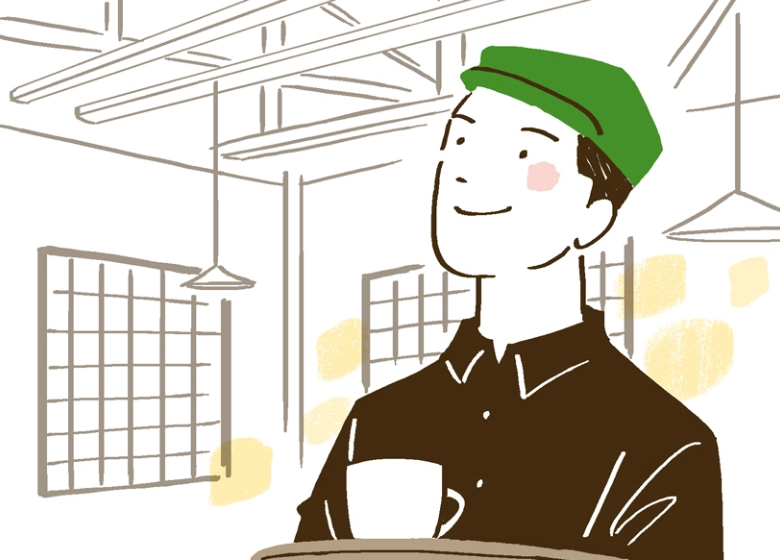 笑顔でスタッフがコーヒーを提供しているイラスト